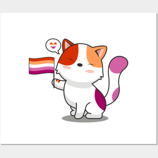 Cute Cat Holding Lesbian Pride Flag Posters and Art